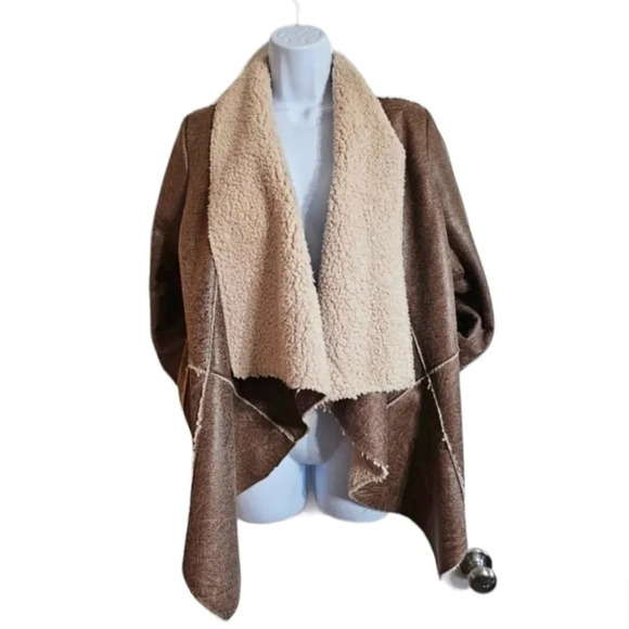 Forever 21 Faux Leather Sherpa Jacket S Brown Shearling Moto Drape Y2K Glam - Picture 2 of 11